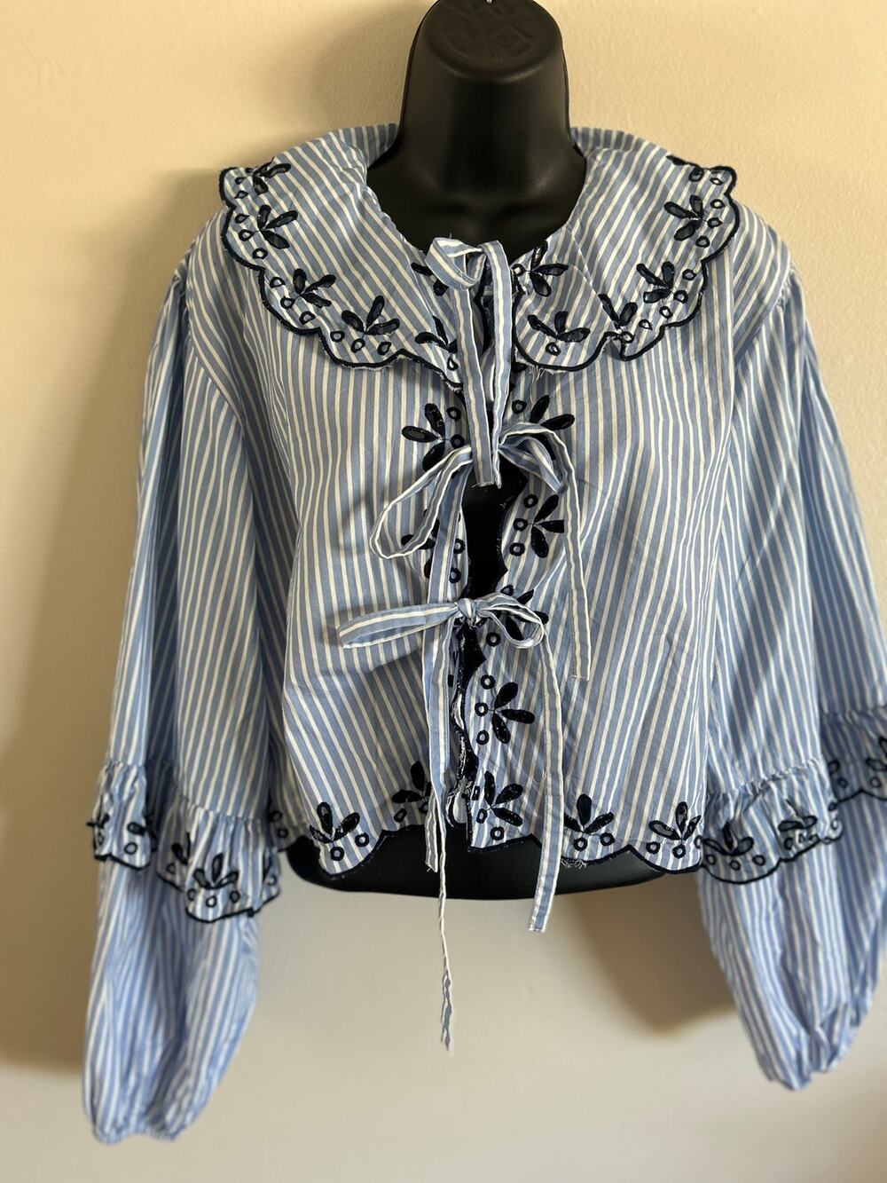 Maeve Blue White Striped Embroidered Tie Front Blouse One Size